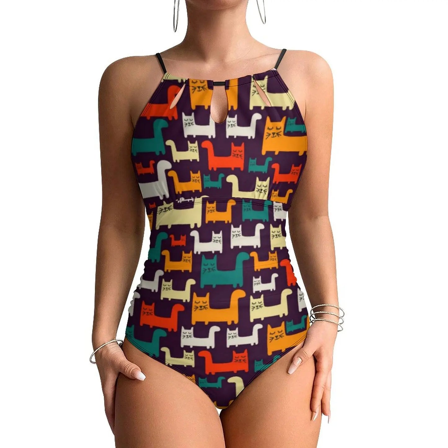 Funny Cat Swimsuit Cartoon Animal Print Women Swimwear One-Piece Bodysuit Holiday Swim Push Up High Cut Beach Outfits
