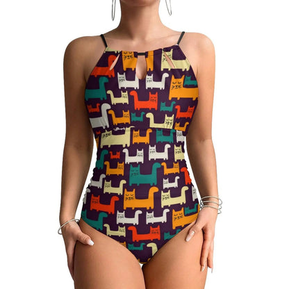 Funny Cat Swimsuit Cartoon Animal Print Women Swimwear One-Piece Bodysuit Holiday Swim Push Up High Cut Beach Outfits