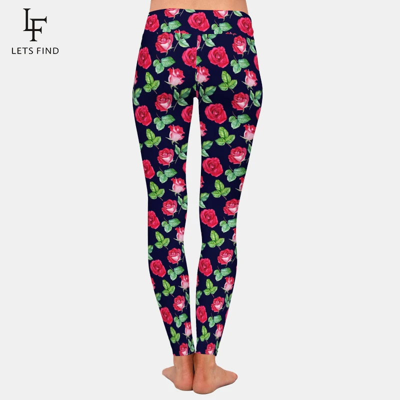 Women Leggings 3D Watercolor Rose Blooms and Leaves Print High Waist Fitness Stretch Pants