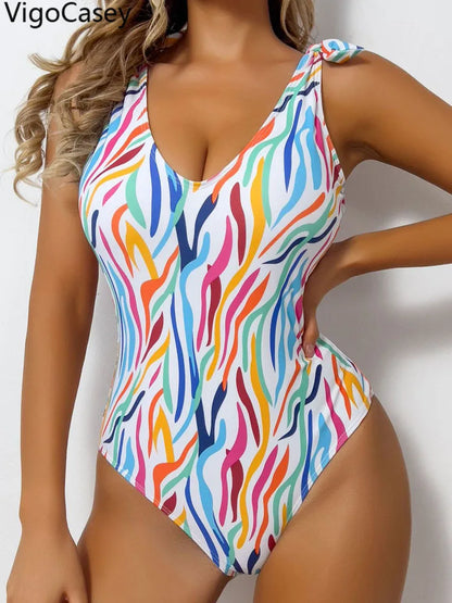 Stripy Print Lady Swimwear Women Tied Strapped One Piece Swimsuit Monokini Push Up Brazilian Beach Bathing Suit