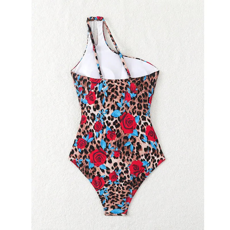Hollow One-shoulder Swimwear Women Print Push UP One Piece Swimsuit Monokini Summer Beach Lady Bathing Suit