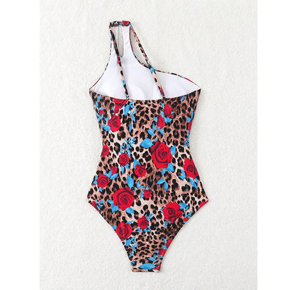 Hollow One-shoulder Swimwear Women Print Push UP One Piece Swimsuit Monokini Summer Beach Lady Bathing Suit