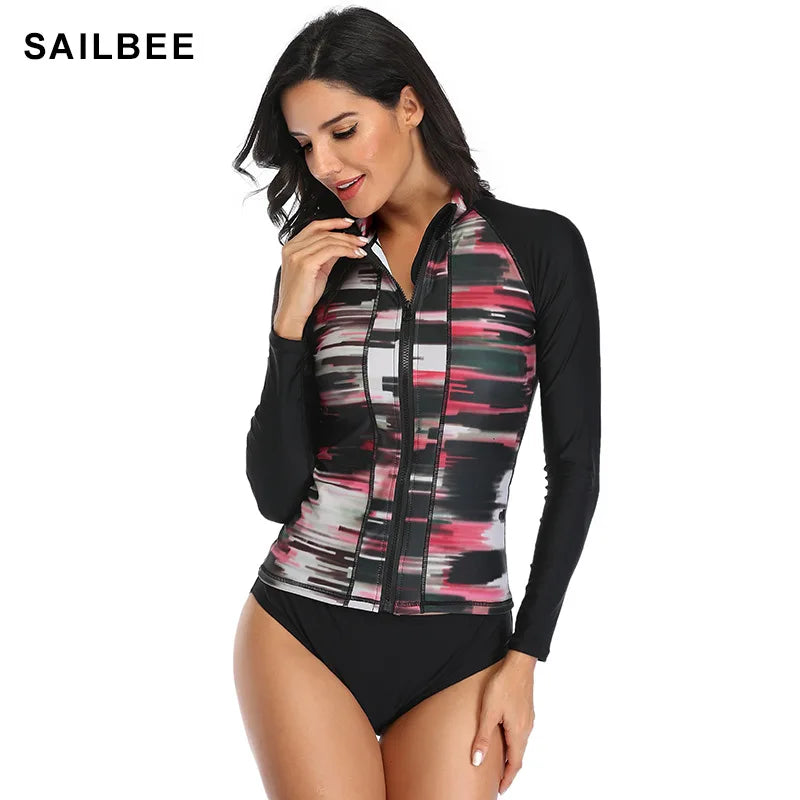 Women Long Sleeve Zipper Rash guard Shirt Swimsuit Swimwear Surfing Top Rash Guard UPF50+ Running Shirt Biking Shirt