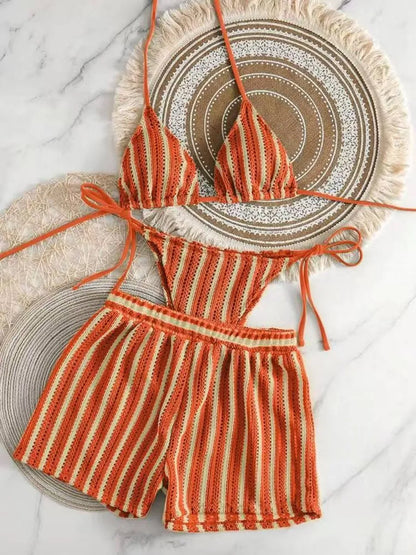 3 Pieces Halter Bikini Striped Print Swimsuit With Mesh Shorts Swimwear Female Bathers Bathing Swimming Suit Beachwear