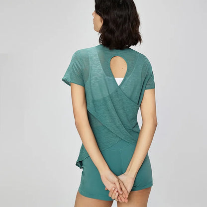 Aiithuug Breathable Mesh Yoga Short Sleeve Crisscross Back Yoga Short Sleeve Blouse Quick Dry Gym Shirt Casual Cutout Back Yoga