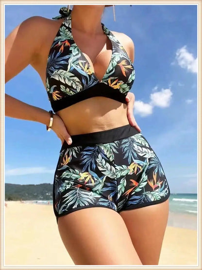 Halter Bikini Women High Waist Swimwear Female Swimsuit Leaf Printed Beachwear Bathing Swimming Suit Summer Beachwear