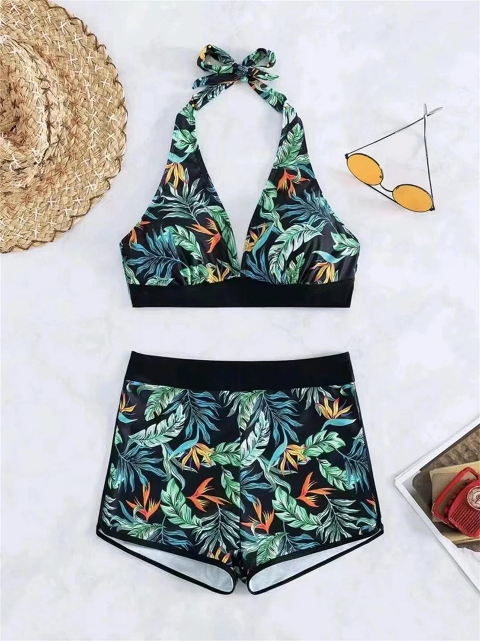 Halter Bikini Women High Waist Swimwear Female Swimsuit Leaf Printed Beachwear Bathing Swimming Suit Summer Beachwear