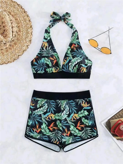 Halter Bikini Women High Waist Swimwear Female Swimsuit Leaf Printed Beachwear Bathing Swimming Suit Summer Beachwear