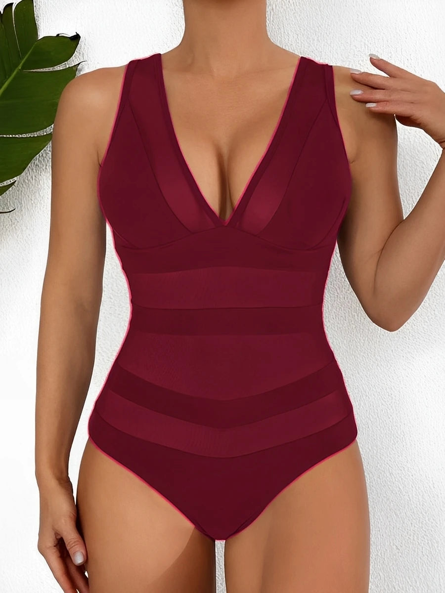 Mesh Swimsuit Women One Piece Slim Swimwear Female Solid Backless Bathers Bathing Swimming Swim Suit Beachwear XXL