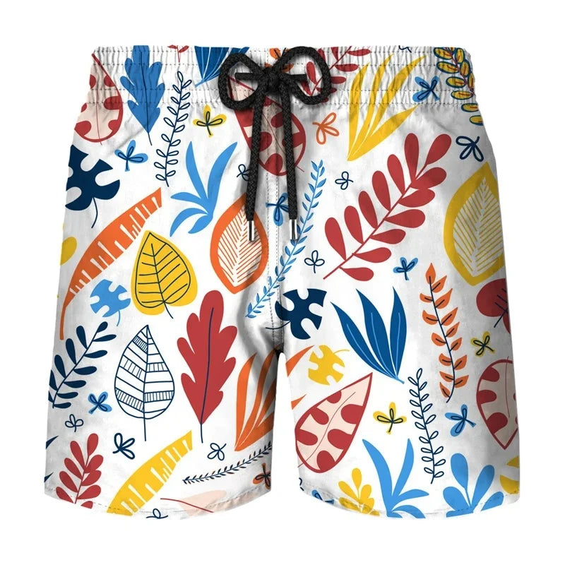 Flower Leaf Graphic Swim Trunks For Men Ethnic Feathers 3D Printed Short Pants Summer Loose Harajuku Sport Street Board Shorts