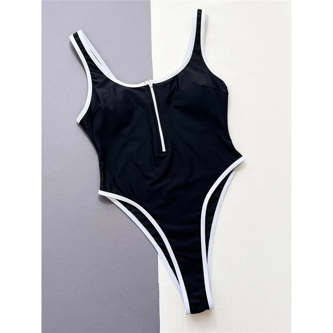 High Leg Cut Zipper Splicing Women Swimwear One Piece Swimsuit Female Padded Bather Bathing Suit Swim Lady
