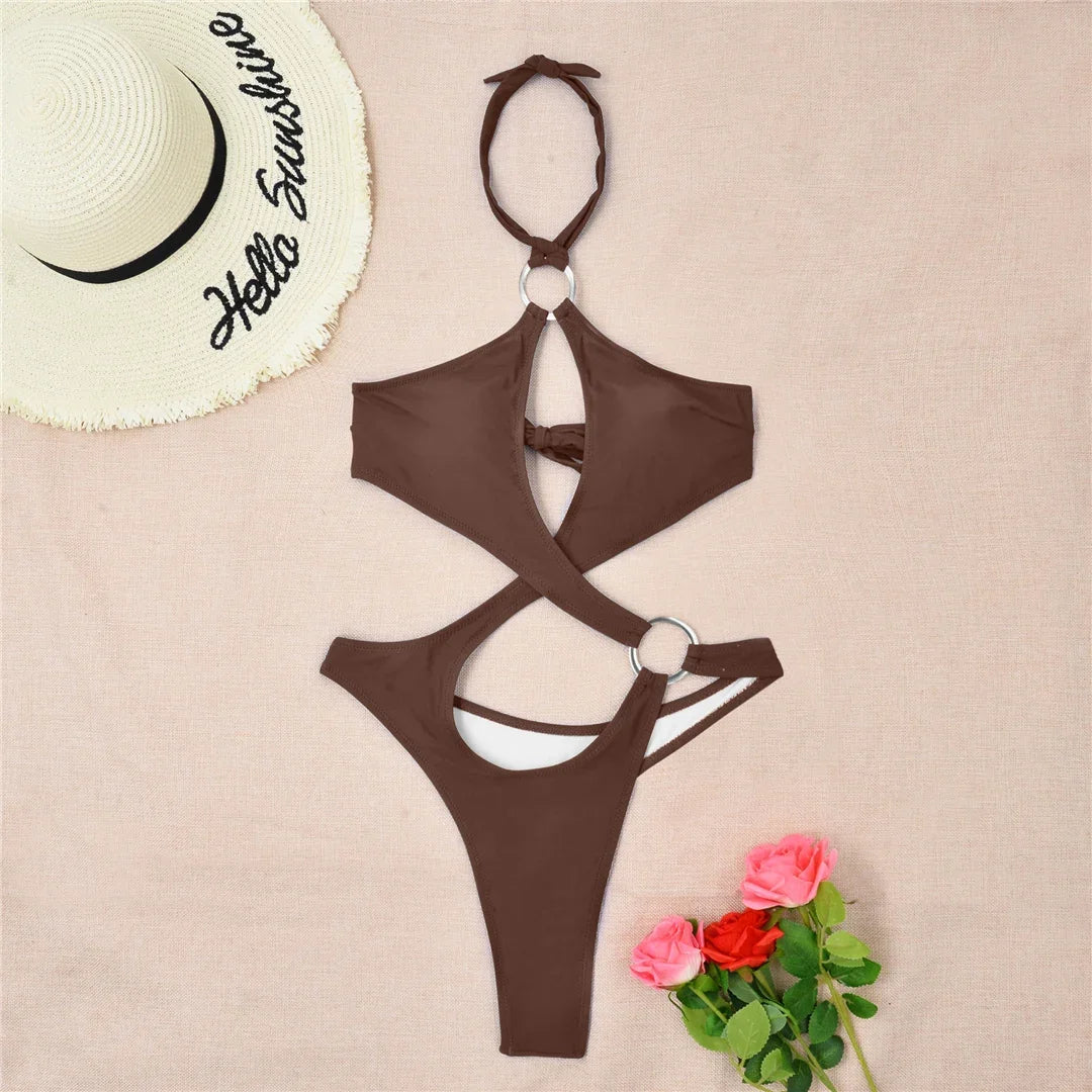 Tummy Cut Out Halter Women Thong Swimwear One Piece Swimsuit Female High Cut Monokini Rings Bathing Suit Swim Beach Wear