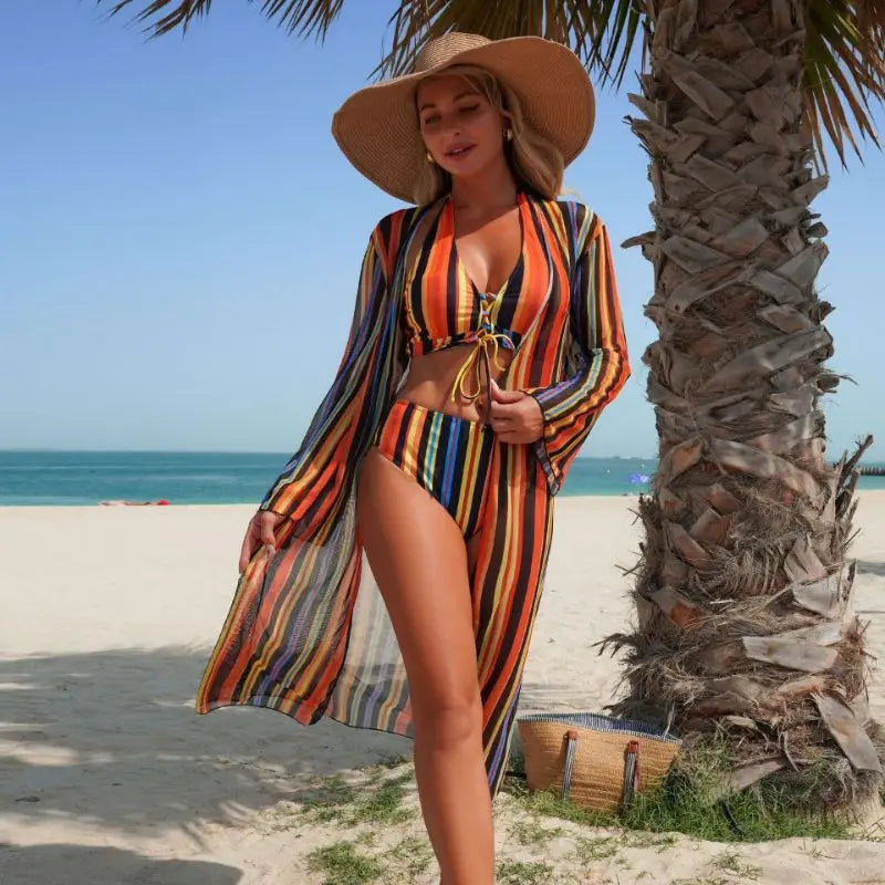 Striped Swimsuit Three Piece Cover Up Bikinis Set Summer Beach Swimwear Bathing Suit For Women
