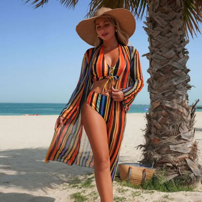 Striped Swimsuit Three Piece Cover Up Bikinis Set Summer Beach Swimwear Bathing Suit For Women