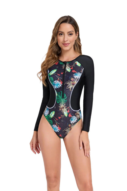 Summer Sun Protection One Piece Swimsuits Closed Long Sleeve Swimwear Sports Surfing Women's Swimming Bathing Suits Beach Bather