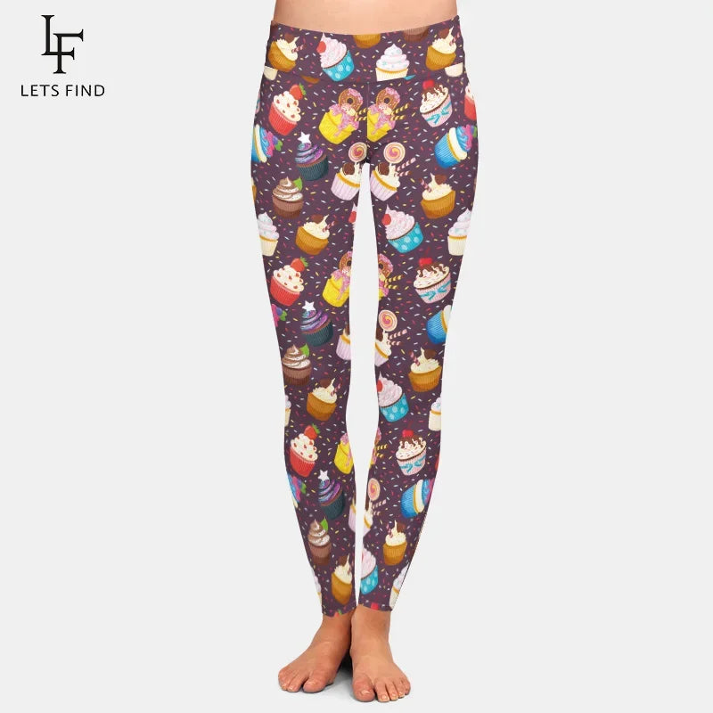 Fashion 3d Cupcakes Printing High Waist Women Leggings High Elastic Double Side Brushed Milk Silk  Woman Pants