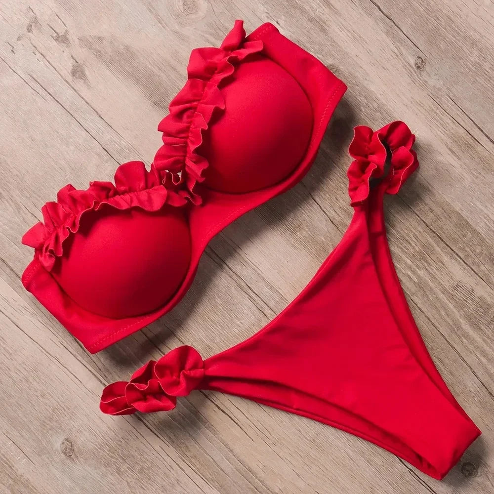 Ruffled Frilled Bra Cup Bikini Women Bandeau Swimsuit Female Swimwear Two Pieces Bikini Set Push Up Bathing Suit Swim