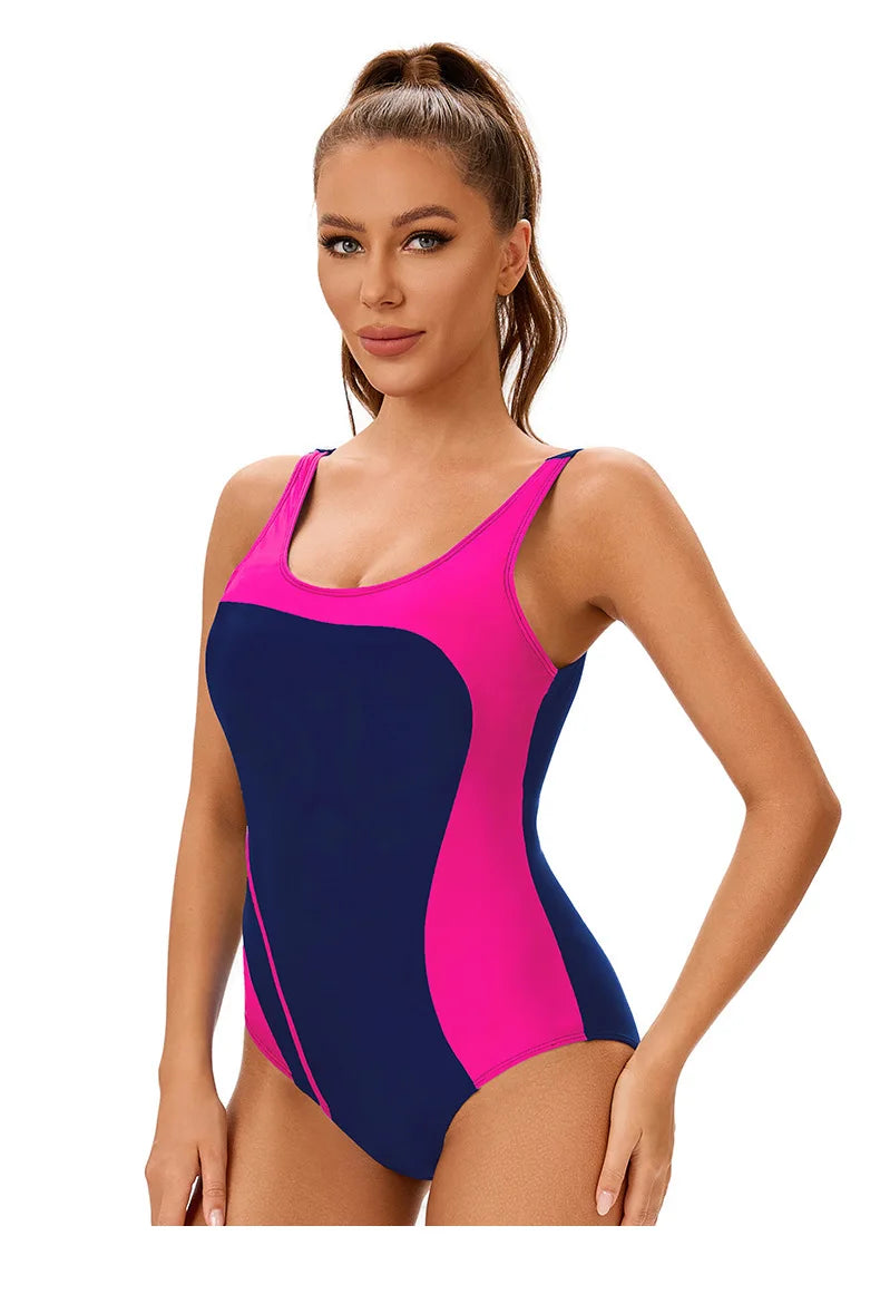 Color Block One-Piece Swimsuit Women's Backless High-Cut Bathing Suit with Tummy Control
