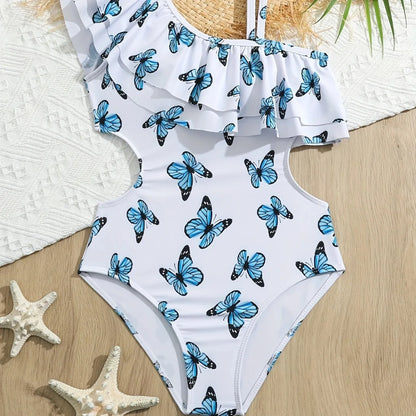 Girl One Shoulder Butterfly One Piece Swimsuit for Kids Ruffle Children's Swimwear 8-12 Years Beach Wear Cut Out Bathing Suit