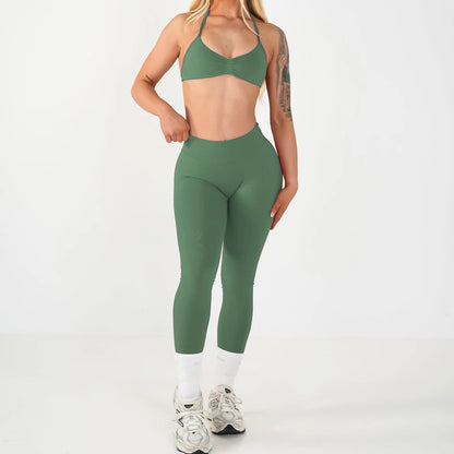 2PCS Seamless Yoga Set Women Workout Scrunch Leggings Strappy Sports Bra Fitness Gym Clothing Workout Set XP389