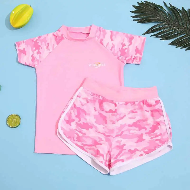 Children's Camouflage Print Swimsuit, Two Pieces Swimsuit, Sports Swimwear, Korean Version, Girls Fashion