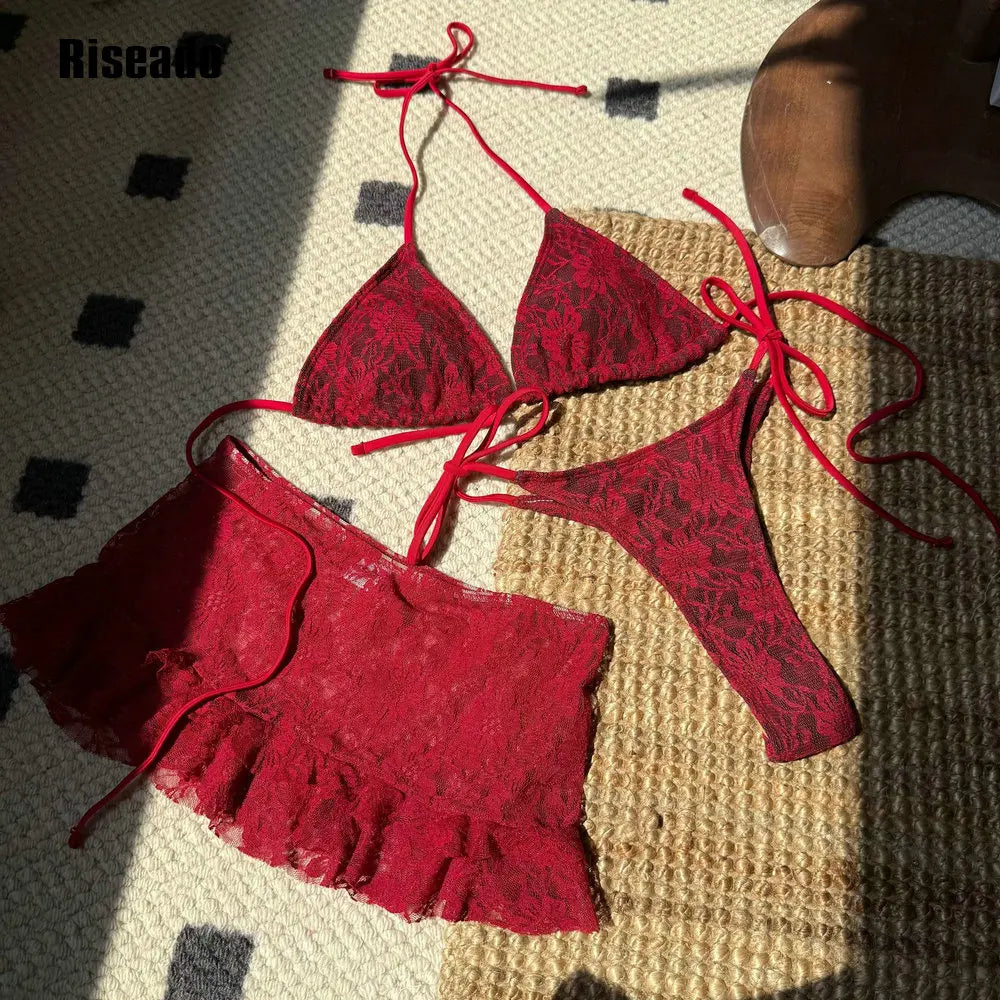 Women's Crochet Lace Charming Bikini Set 3 Piece String Thong Swimsuit with Skirt Brazilian Biquini