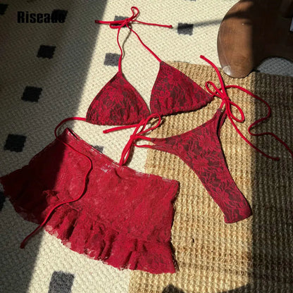 Women's Crochet Lace Charming Bikini Set 3 Piece String Thong Swimsuit with Skirt Brazilian Biquini