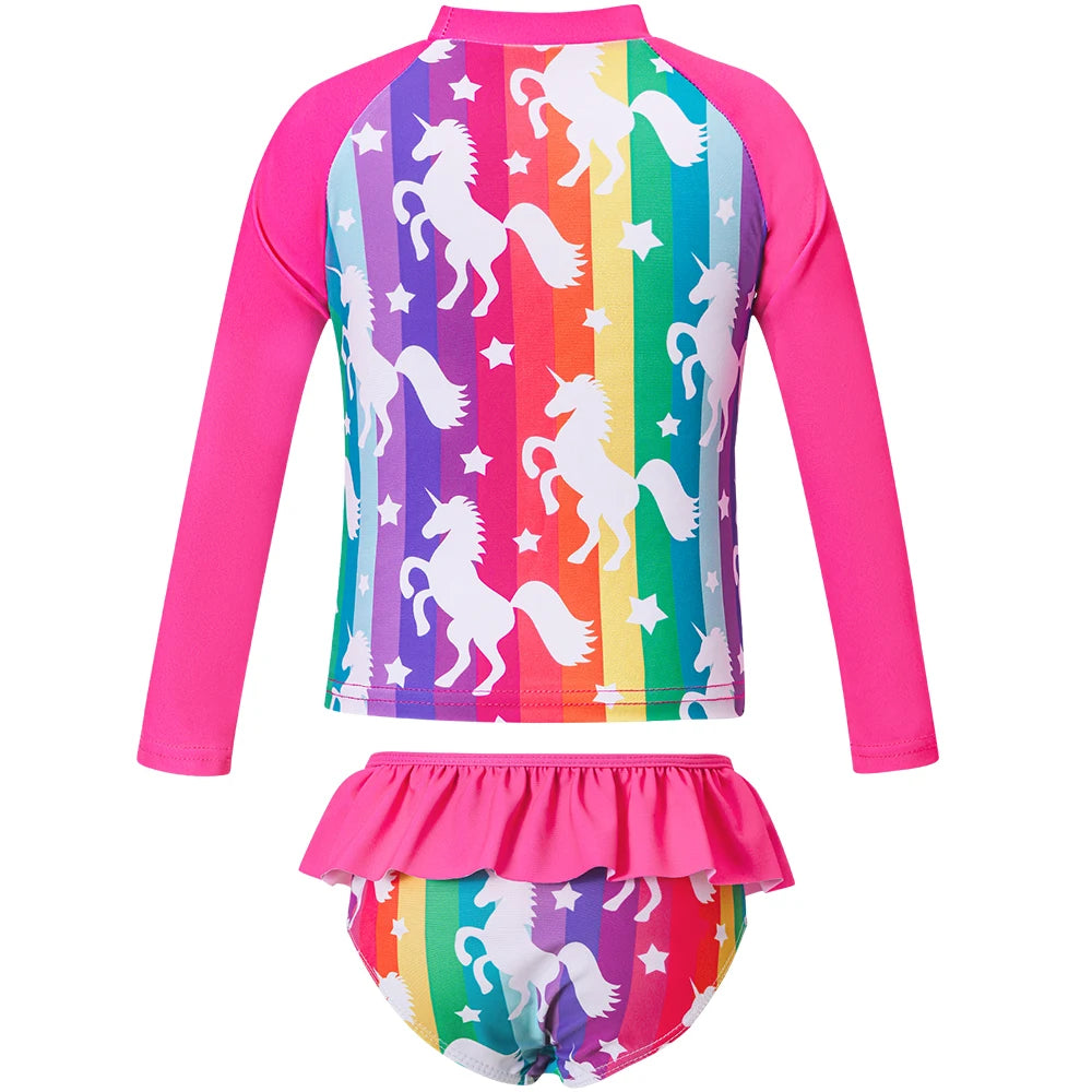 Toddler Girls Swimsuit Summer Beach Tankini Long Sleeve Two Piece Bathing Suit Quick Dry Surfing Mermaid Unicorn Swimwear