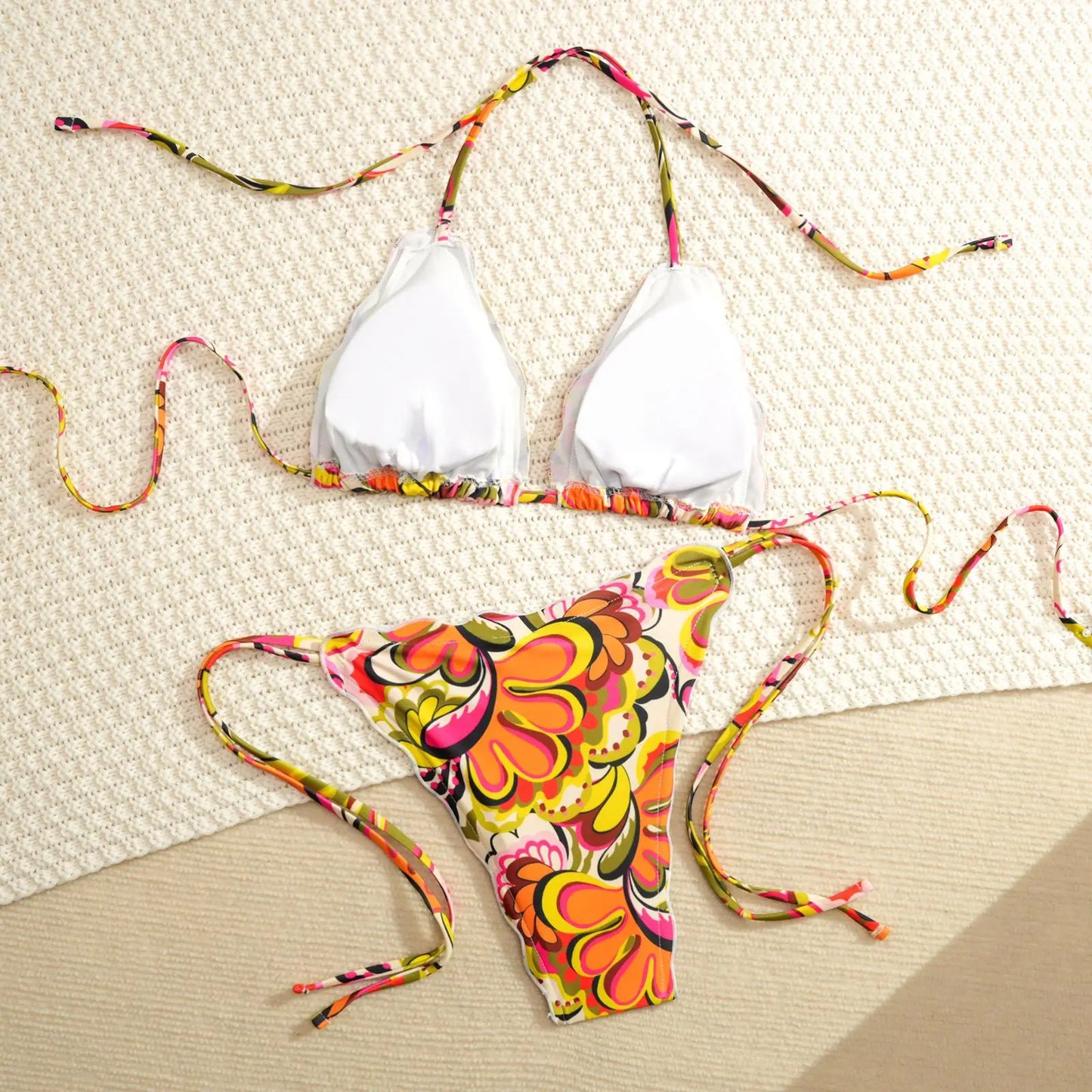 Orange Floral Print Micro Bikini Women Ruffles Push Up Bra Tie Side Thong Swimsuit Beach Bathing Suit Holiday Swimwear