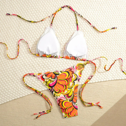 Orange Floral Print Micro Bikini Women Ruffles Push Up Bra Tie Side Thong Swimsuit Beach Bathing Suit Holiday Swimwear