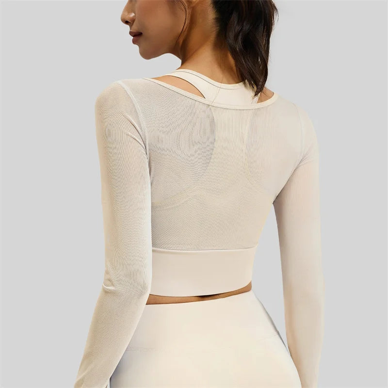 Women's Long-Sleeve Mesh Gym Crop Top with Padded Bra