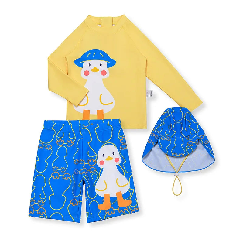3 Pcs New Boy Swimsuit Sun Protection UPF 50+ Long Sleeve Swimming Sunsuit With Hat Split Quick Drying Bathing Suits Children