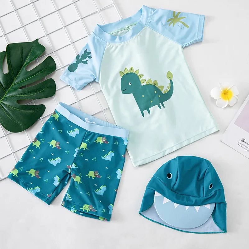 Boys' Short Sleeve Rash Guard Set with Shorts & Hat