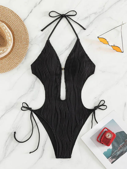 Cikini-Cut Out Tie Side Halter Swimsuit for Women, Monochromatic, Beach Swimwear, Bathing Suit, Summer