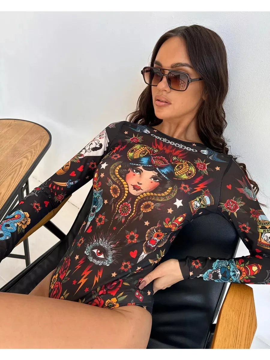 Women's Retro Print Scoop Neck Padded Long Sleeve One Piece Swimsuits High Cut Bathing Suits Swimwear Bodysuit