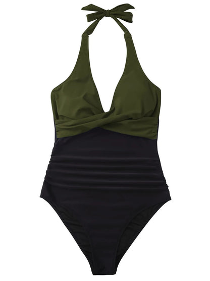 Halter Swimsuit Women One Piece Printed Cross Smocked Swimwear Female Bodysuit Bathing Swimming Suit Padded Beachwear