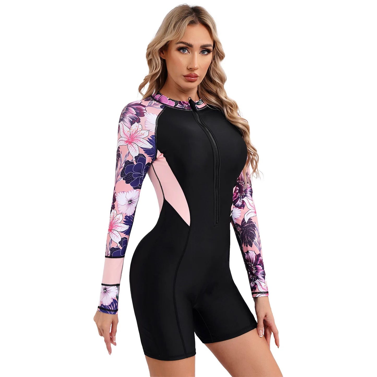 Women Floral Print Athletic Swimsuit Long Sleeve Boyleg Zipper Swimwear UPF 50+ Rash Guard Beach Surfing Wetsuit Bathing Suit