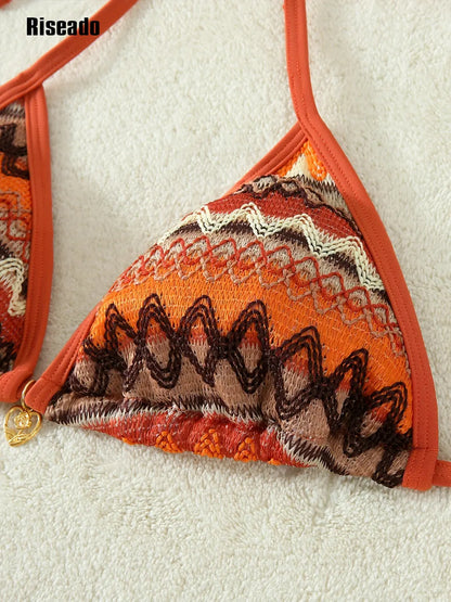 Women's Bikini Sets Halter Neck Crochet Colo block Two Piece Swimsuits Open Back High Cut Thong Bathing Suit