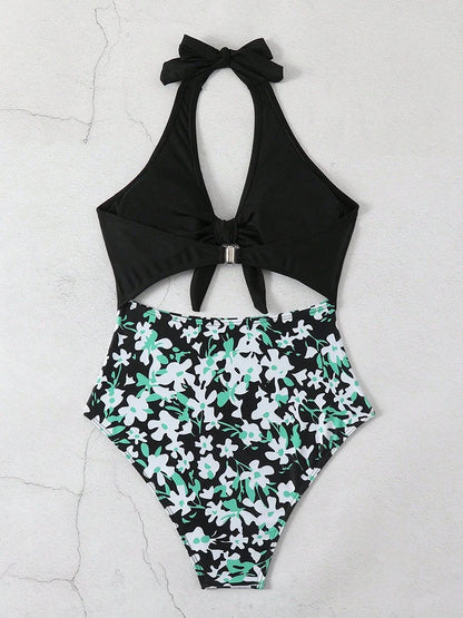 Swimsuit One Piece Bikini Style Women Neck-mounted Lace Up High Waisted Print Show Waist Bodysuit Summer Swimwear
