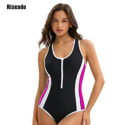 Athletic Swimsuit Women One Piece Bathing Suit Zipper Front Lap Swimwear for Women
