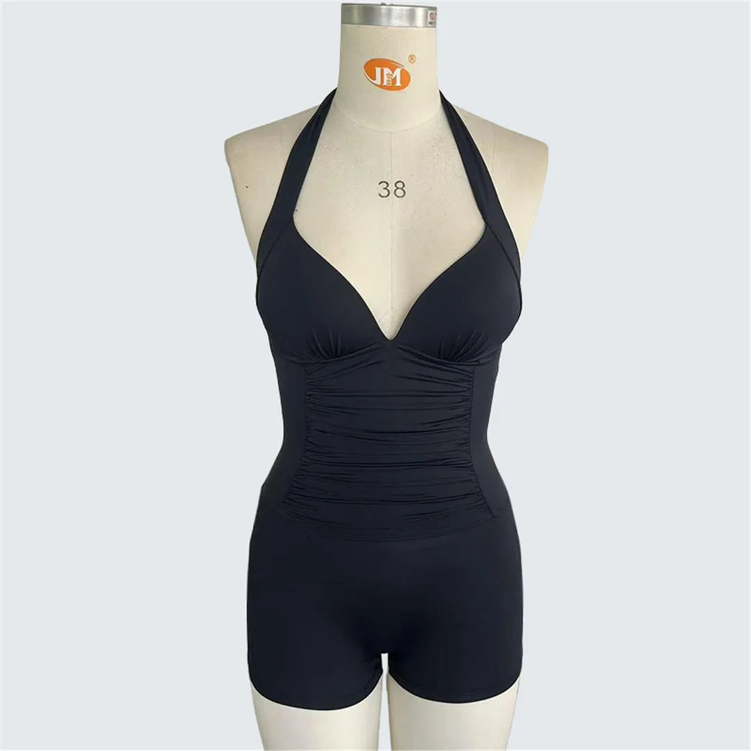 S - XXL Halter V Neck Wrinkled One Piece Swimsuit Women Swimwear Female Shorts Monokini Padded Bather Bathing Suit Swim