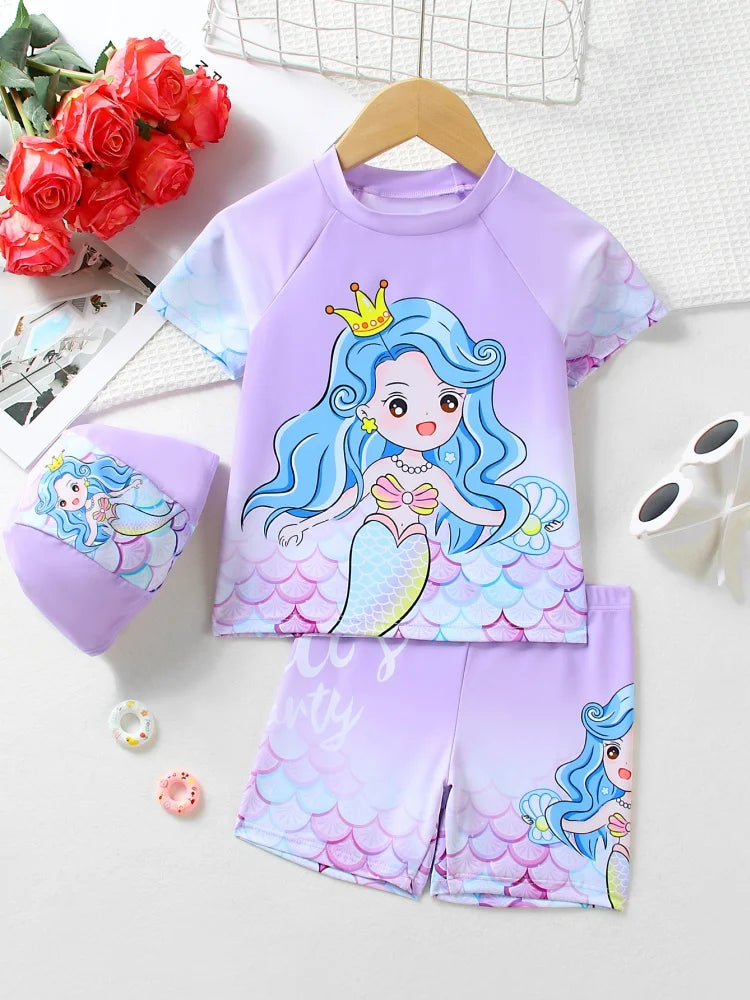 Girls Kids Swimsuit Purple Mermaid Short Sleeve Children Swimwear Summer 2 Piece Shorts Beachwear Bathing Suit Swimming