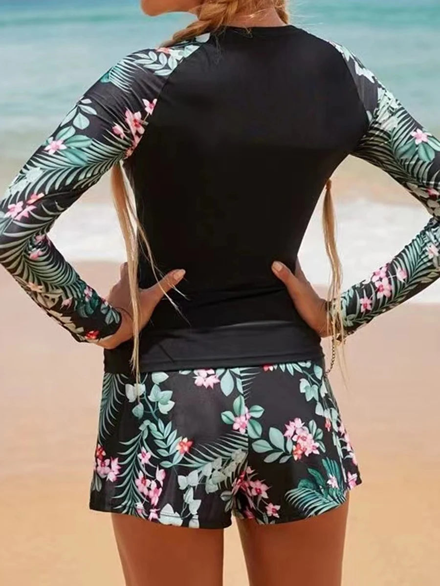 Long Sleeve Surfing Swimsuit Print Swimwear Women Two Pieces Diving Clothes Beachwear Bathing Swimming Swim Suit
