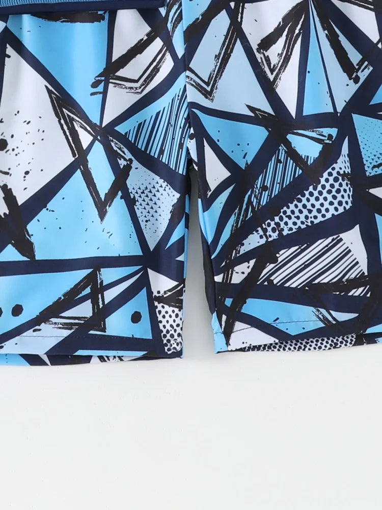 Teen Boys' Blue Geometric Short-Sleeve Rash Guard Set with Shorts