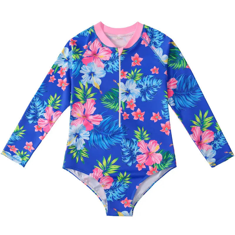 European And American Style Girls One-piece Swimsuit 4-12Years Kids Long Sleeves Broken Flowers Print Bathing Suit