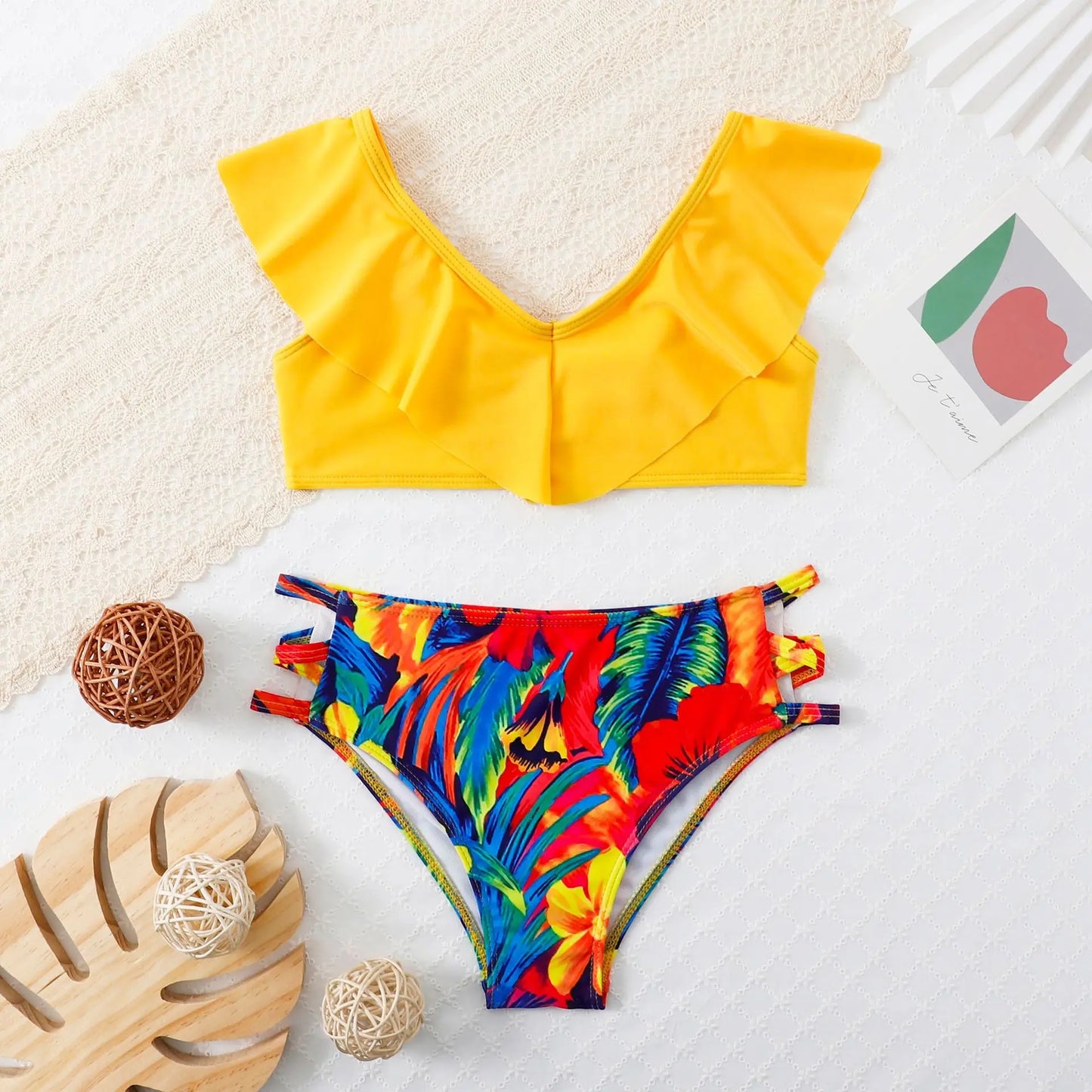 Girls Ruffle Bikini Two Pieces Swimsuit Kids Print Off Shoulder Children's Swimwear 7-12Years Teenager Bathing Suit Beach Wear