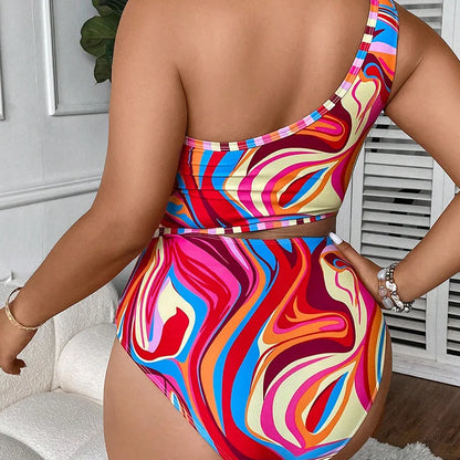 Women's One Shoulder Hollow Out High Sense Bikini, Fluid Print Swimsuit