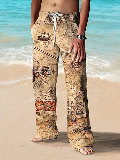 Summer Men's Cotton Linen Casual Pants Retro Ethnic Printing Mid Waist Drawstring Closure Large Size Wide Leg Beach Pants