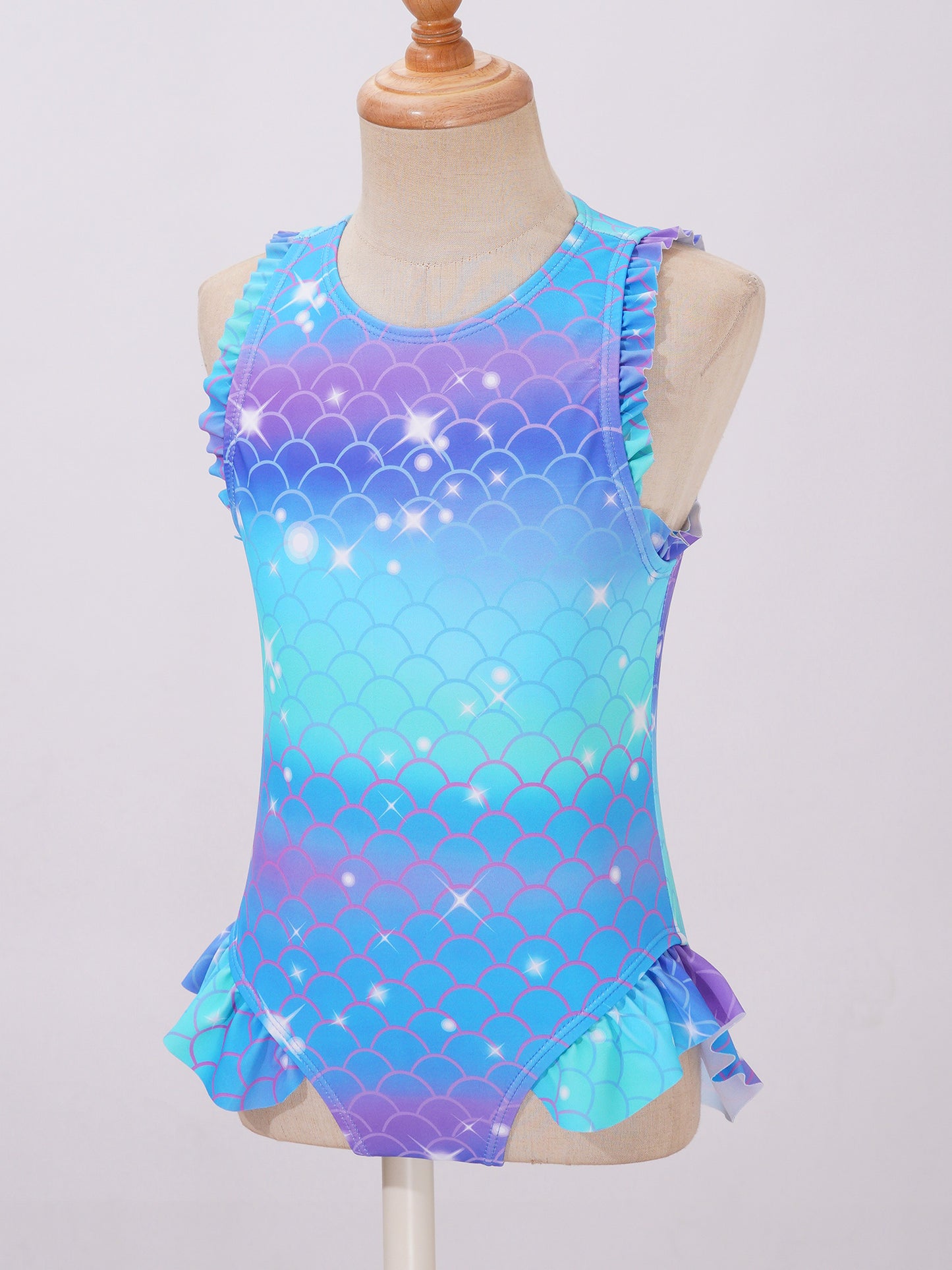 Kids Girls Mermaid Swimsuit Sleeveless Fish Scales Print Ruffle Flounce Jumpsuit Bathing Suit Pool Beach Athletic Swimwear