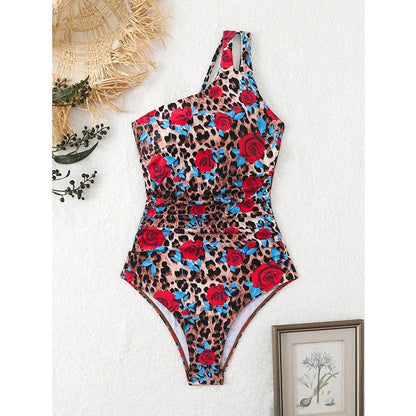 Hollow One-shoulder Swimwear Women Print Push UP One Piece Swimsuit Monokini Summer Beach Lady Bathing Suit
